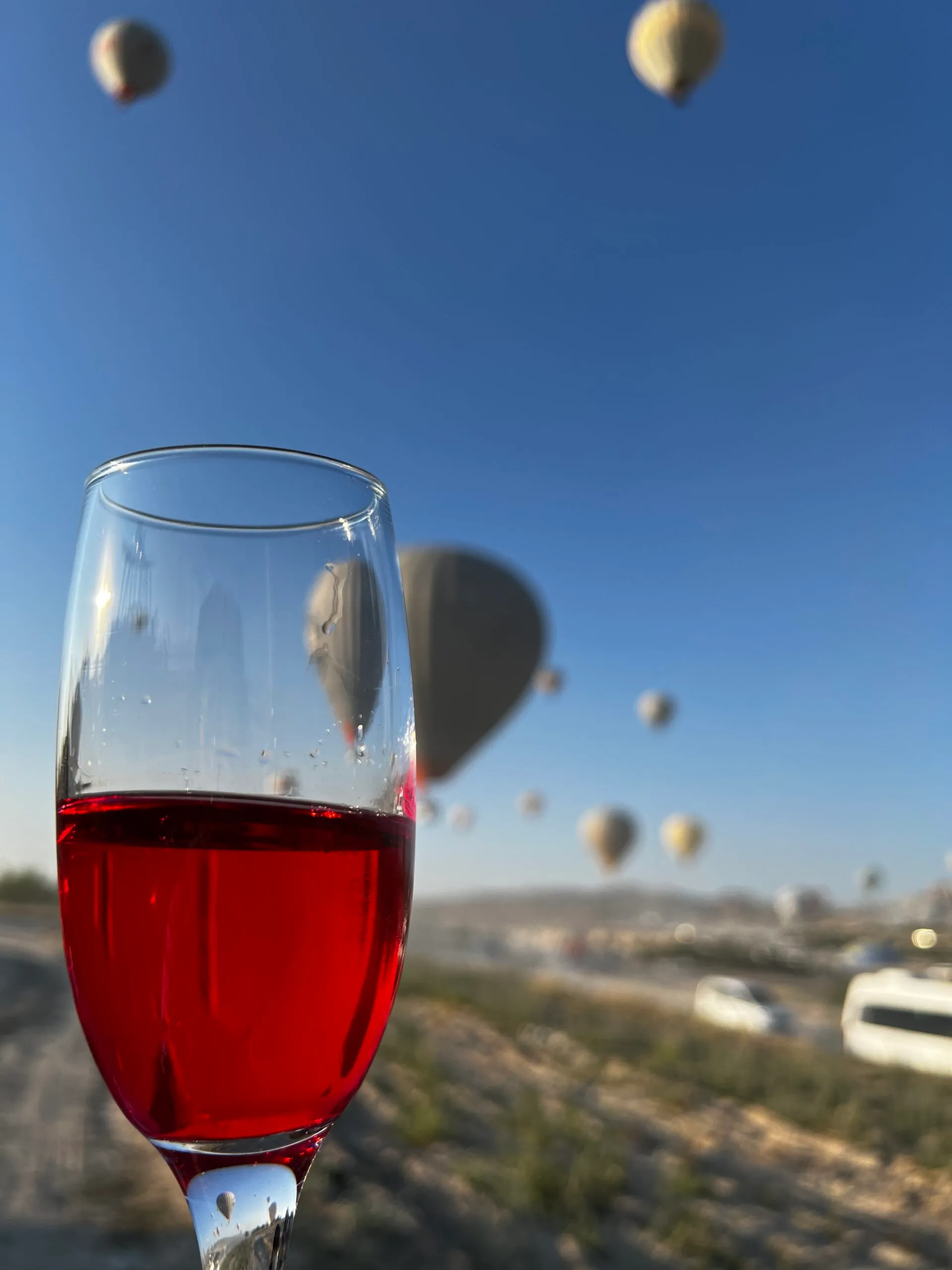 着陸後のシャンパンで乾杯