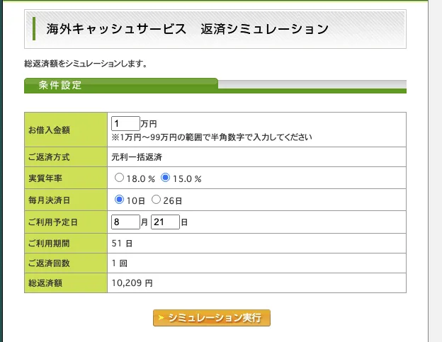キャッシング利息の計算結果